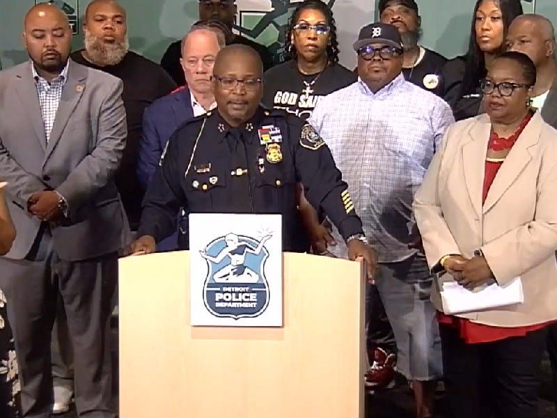 DPD Chief James White at press conference with Mayor Mike Duggan and community leaders