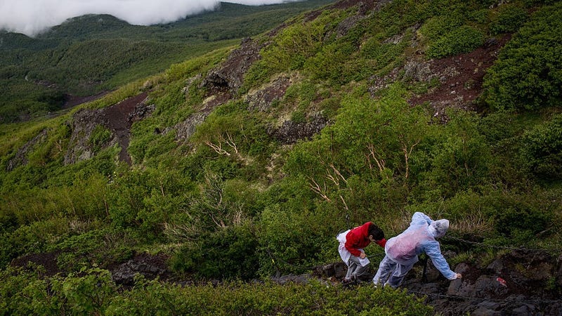 Climbers hike along a trail to the summit of Mt Fuji on July 2, 2015 in Fujiyoshida, Japan.