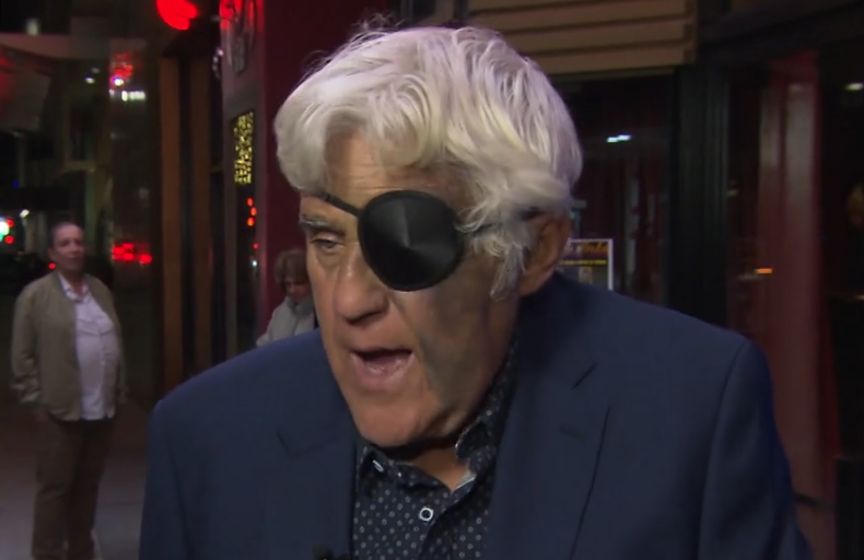Screenshot from Inside Edition: Jay Leno wearing an eye patch after injury in Greensburg 