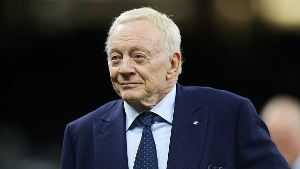 Dallas Cowboys owner Jerry Jones looks over warm ups before the game between the Dallas Cowboys and the New Orleans Saints at Caesars Superdome on December 02, 2021 in New Orleans, Louisiana.