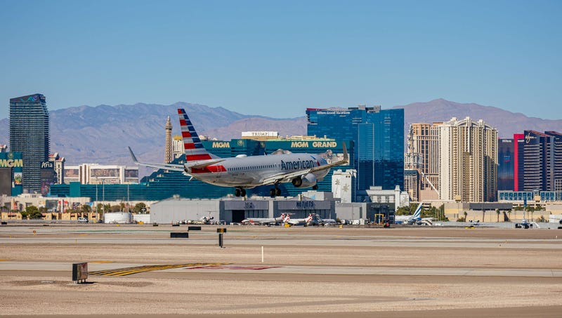An American Airlines jet lands at Reid International Airport