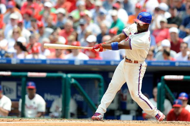 July 22, 2009: Jimmy Rollins of the Philadelphia Phillies swings at a pitch against the Chicago Cubs at Citizens Bank Park in Philadelphia, Pennsylvania.