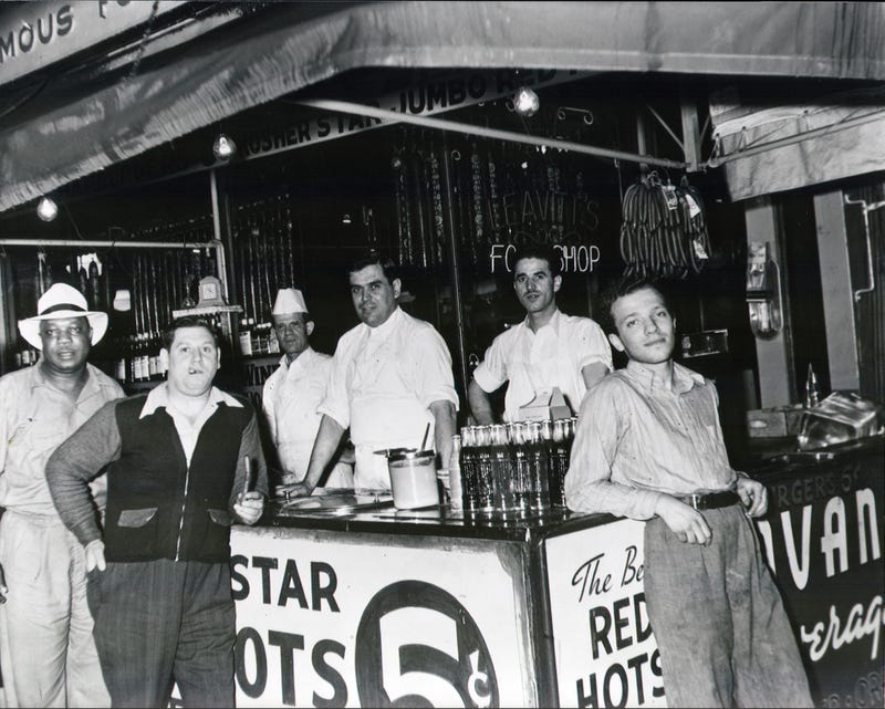 1940s era photo of Jim's Original hot dog stand