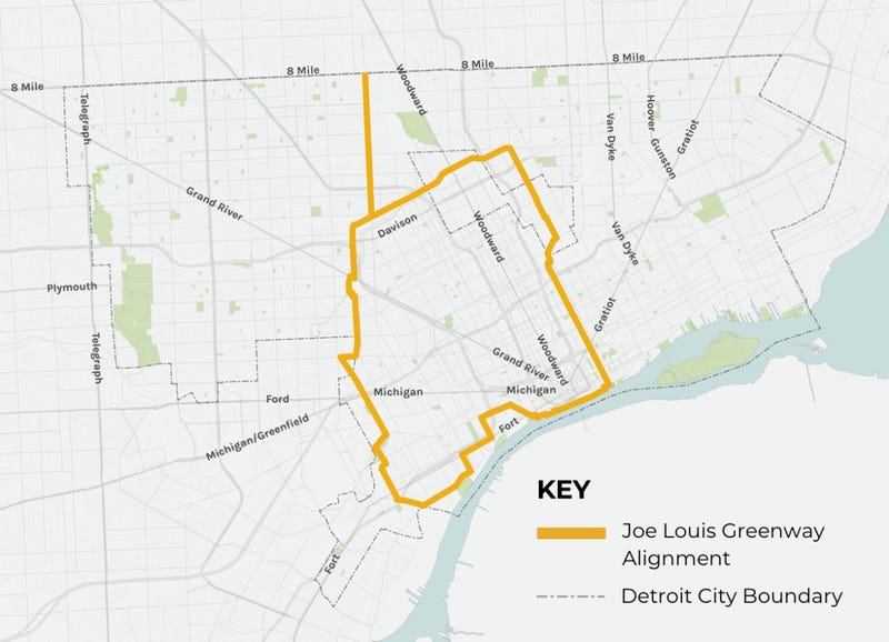 Map shows the planned Joe Louis Greenway