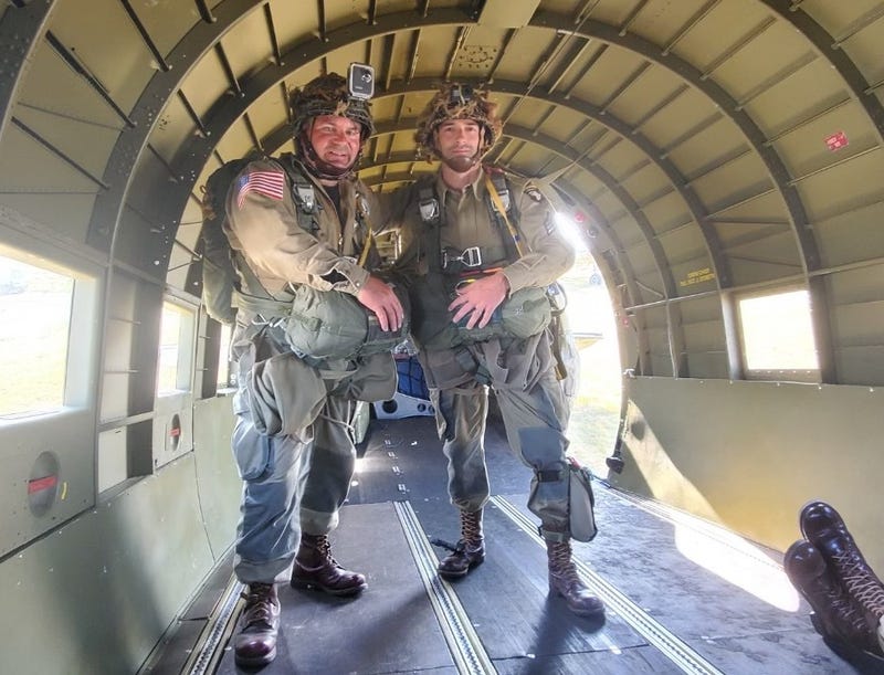 John Lind, left, and Paul Ott inside C-47 transport aircraft