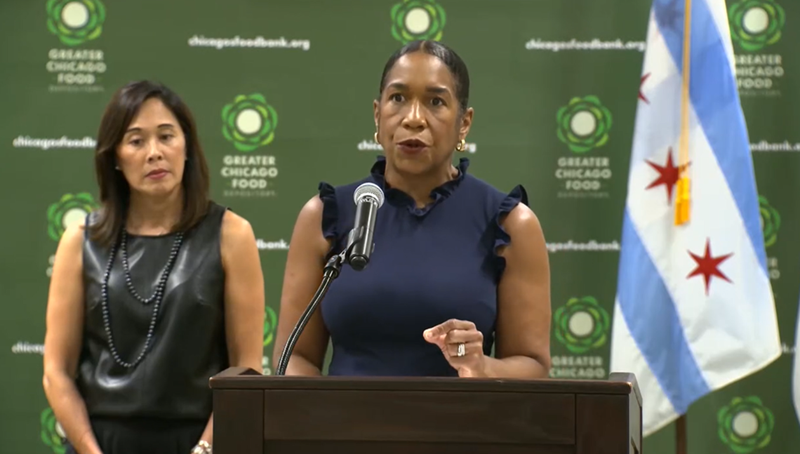 Lt. Gov. Juliana Stratton speaks at a panel discussion on SNAP benefits at the Greater Chicago Food Depository in Chicago on Thursday, July 10, 2025.