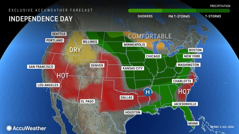 AccuWeather forecasts storms in the New York area on Thursday, but they may be over by the time the fireworks start at 9:25 p.m