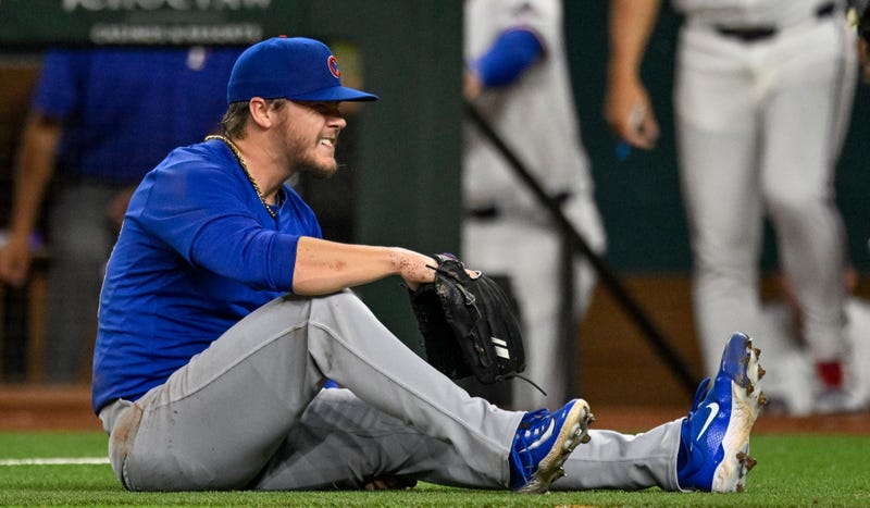 Cubs ace Justin Steele grimaces after suffering a hamstring injury.