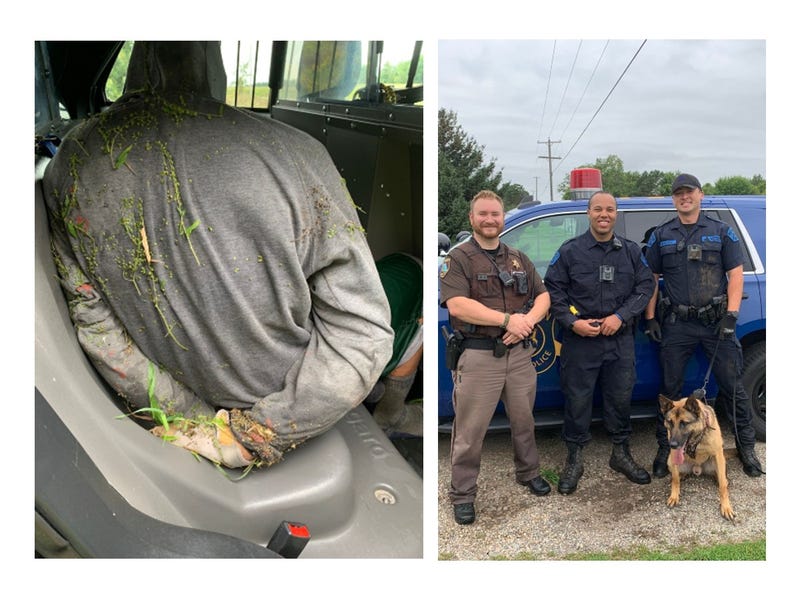 Suspect covered in grass and K9 team posing with Milo