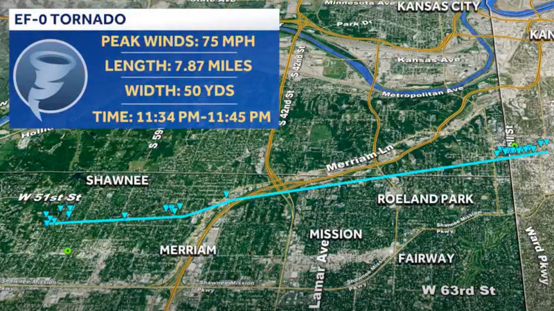 A screenshot showing the path of EF-0 tornado in KC Metro