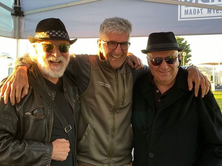 Veteran reporter Mike Colgan, right, who retired a couple of years ago, is recovering from a life-changing accident. He is joined by KCBS Radio anchor Stan Bunger, middle, and reporter Jim Taylor, left.