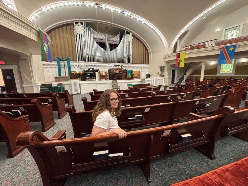 The Rev. Mindy Fugarino, senior pastor of Independence Boulevard Christian Church, sits inside the church’s sanctuary on Monday, Sept. 8. Fugarino opposes a plan to gerrymander Missouri’s congressional districts.