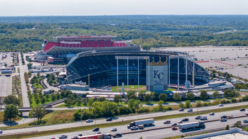 An aerial view shows Kauffman Stadium and Arrowhead Stadium in Missouri, home to MLB’s Kansas City Royals and the NFL’s Kansas City Chiefs, respectively. Lawmakers in both Kansas and Missouri have pursued legislation to make hundreds of millions of dollars available for sports stadiums.