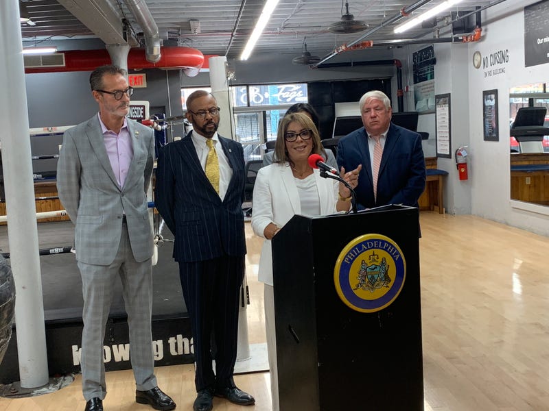 Council members Quetcy Lozada, Jim Harrity, Curtis Jones Jr., Mike Driscoll and Nina Ahmad, hold a presser at Rock Ministries on Thursday.