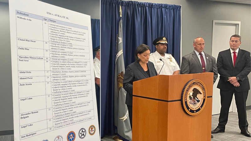 Left- The list of those charged in the drug bust. Right- U.S. Attorney Jacqueline Romero speaks at a press conference Thursday morning.