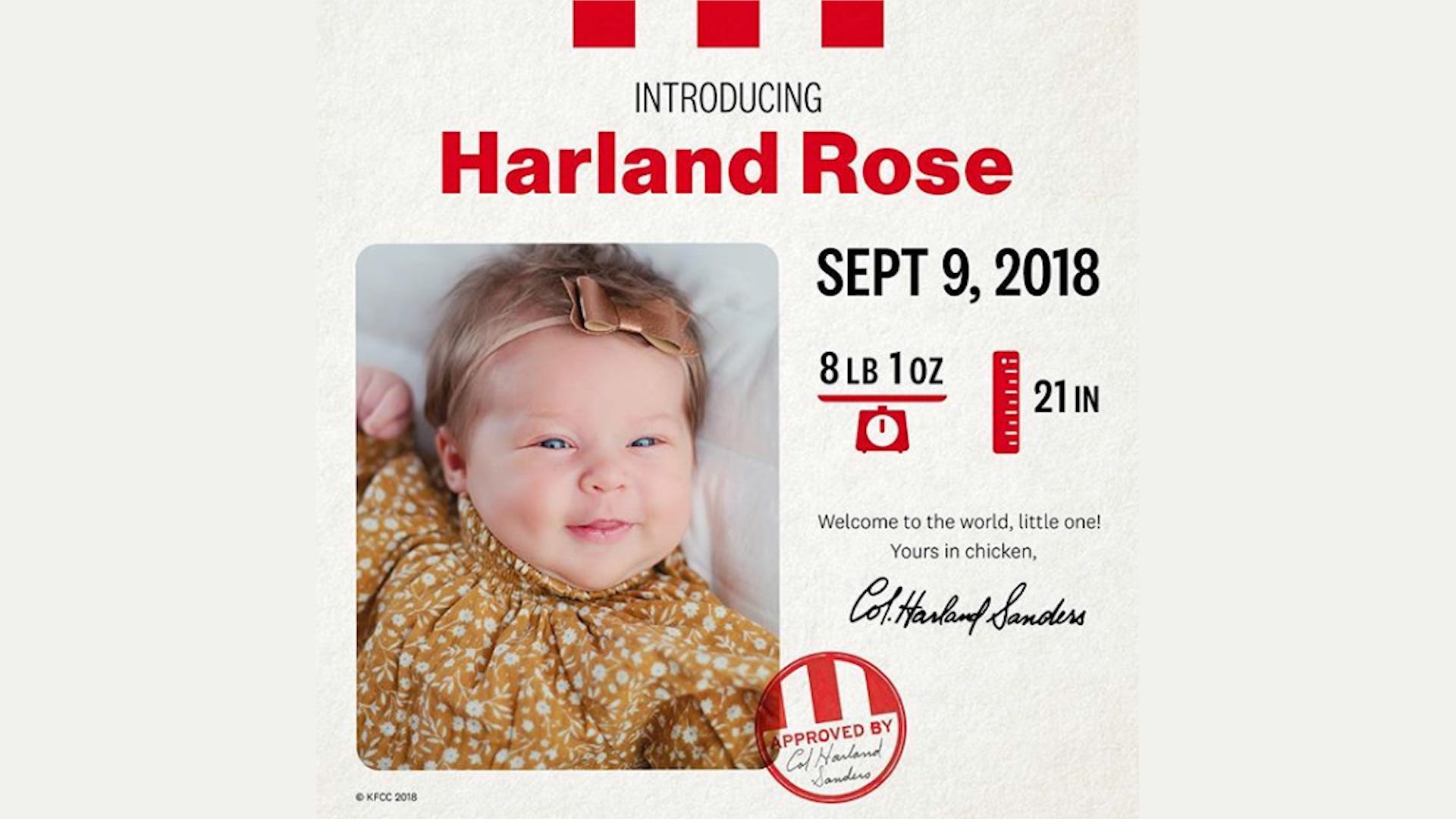 Baby Named After Colonel Sanders Wins $11,000 From KFC For College Fund