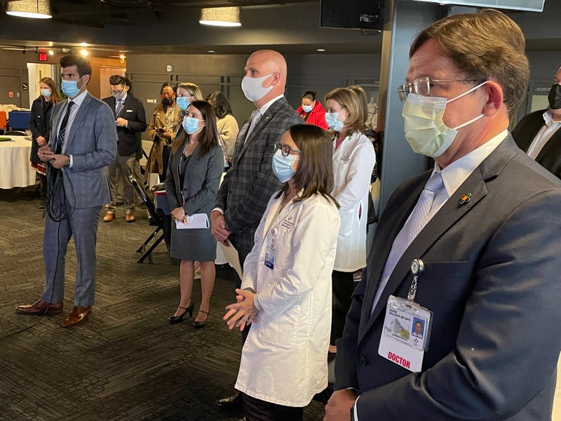 Hartford Public Schools Superintendent Dr. Leslie Torres-Rodriguez (second from left) with members of the Hartford medical community, including Dr. Juan Salazar, Physician-in-Chief at Connecticut Children's (far right), at an event to announce a Nov. 14 kids' vaccine clinic at Dunkin' Donuts Park, 11/3/21