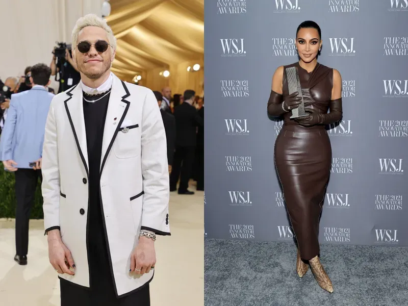 Pete Davidson attends The 2021 Met Gala Celebrating In America: A Lexicon Of Fashion at Metropolitan Museum of Art on September 13, 2021 in New York City. (Photo by )Kim Kardashian West poses with an award during the WSJ. Magazine 2021 Innovator Awards sponsored by Samsung, Harry Winston, and Rémy Martin at MOMA on November 01, 2021 in New York City.
