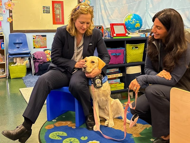 Queens District Attorney Melinda Katz (L) with Kimi, a trained facility dog who will provide comfort to special victims and victims of domestic violence at the office.