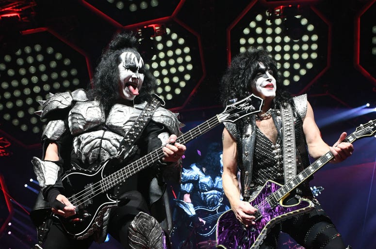  Gene Simmons and Paul Stanley of KISS perform during their End Of The Road World Tour at The Forum 
