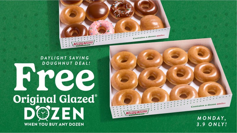 On Monday, March 9, customers can get a free Original Glazed dozen when they purchase any dozen — what the company is billing as the perfect way to power through the most sleep-deprived Monday of spring.