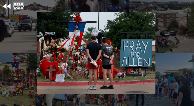 People visit the memorial setup near the scene of a mass shooting at the Allen Premium Outlets mall on May 9, 2023, in Allen, Texas.