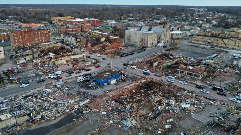 An aerial view of homes and business destroyed by a tornado on December 11, 2021 in Mayfield, Kentucky. Multiple tornadoes touched down in several midwestern states late Friday evening causing widespread destruction and leaving an estimated 70-plus people dead.