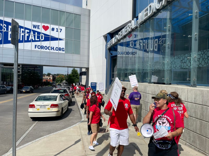 CWA and SEIU workers at Kaleida Health hold an informational picket in July, 2022