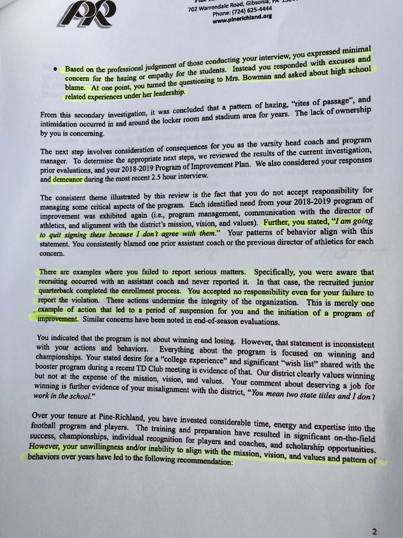 Letter from the Pine-Richland School District to football coach Eric Kasperowicz informing him that his contract would not be renewed.