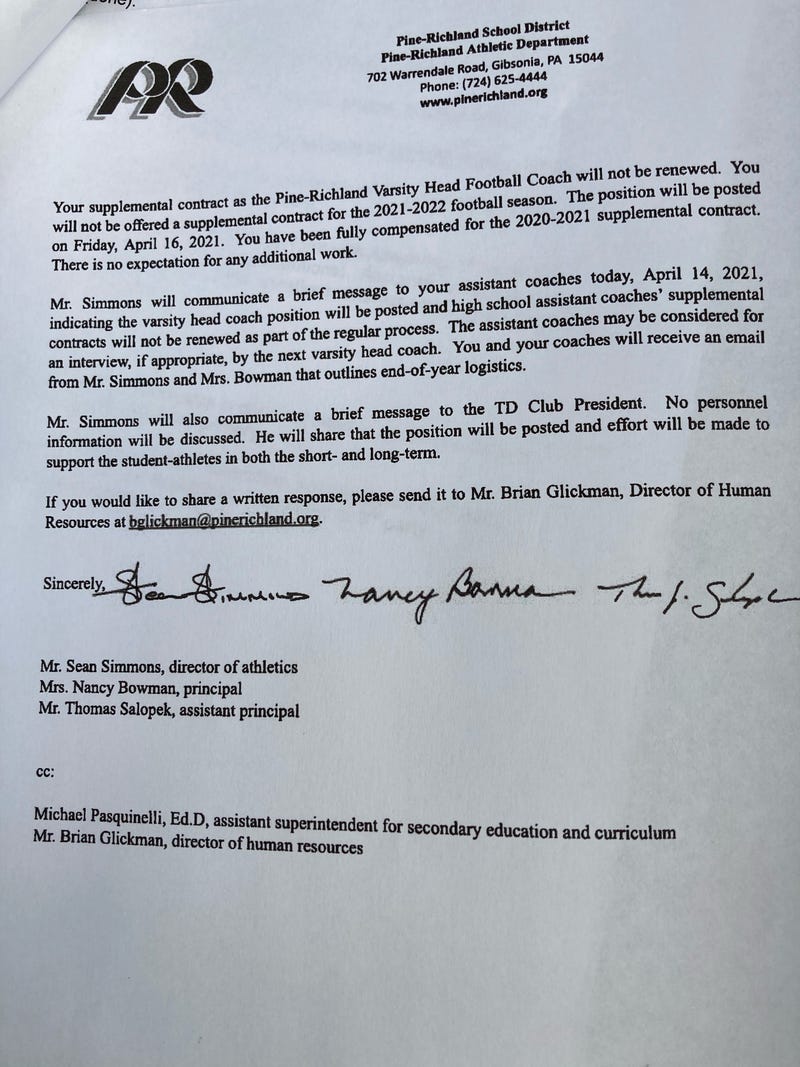 Letter from the Pine-Richland School District to football coach Eric Kasperowicz informing him that his contract would not be renewed.