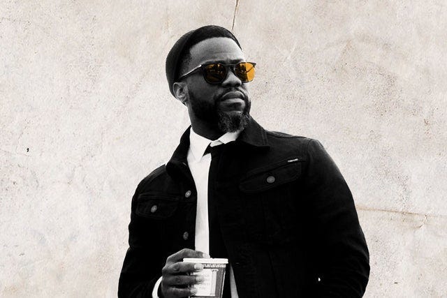 Kevin Hart in black and white on beige background