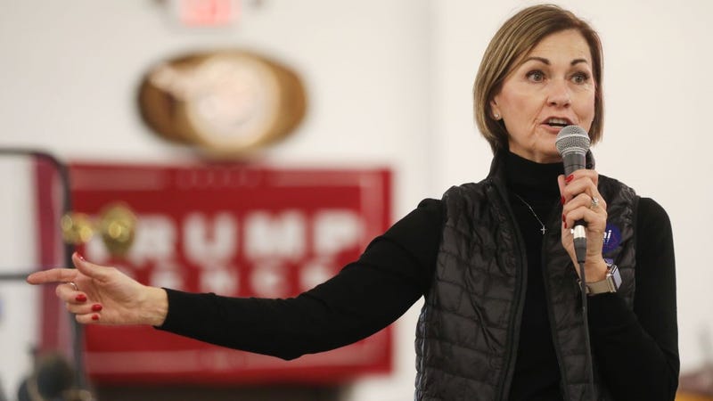 Iowa Gov. Kim Reynolds speaks at a campaign event for Senate candidate Sen. Joni Ernst (R-IA) at Dahl Auto Museum as part of Ernst's RV tour of Iowa on October 31, 2020 in Davenport, Iowa.
