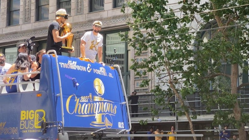 Klay Thompson celebrates during the Warriors' championship parade in San Francisco on June 20, 2022.