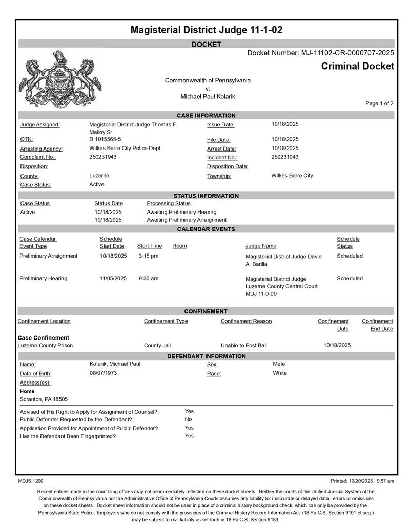 Arrest docket for Scranton man charged in brandishing gun at WB "No Kings" protest