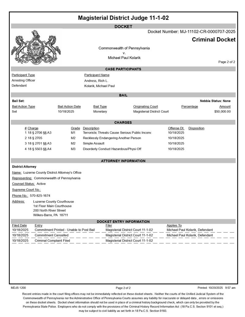 Arrest docket for Scranton man charged in brandishing gun at WB "No Kings" protest