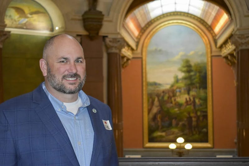 Kristopher Reynolds, Midwest director for American Farmland Trust and a fifth-generation farmer in Nokomis, is pictured at the Illinois State Capitol on March 12, 2025. He works with farmers and landowners on conservation cropping practices to meet the goals of Illinois’ Nutrient Loss Reduction Strategy