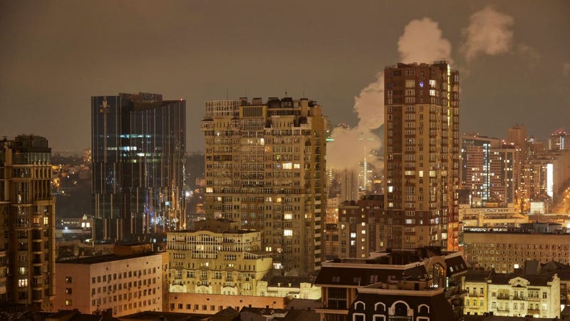 A night view of Kyiv as the Kyiv mayor declared a curfew from 10pm to 7am on February 24, 2022 in Kyiv, Ukraine.