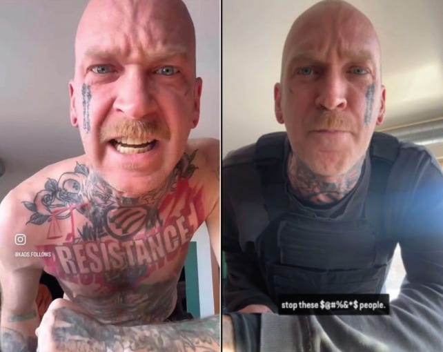 Two pictures of angry looking tattooed man yelling at his phone camera
