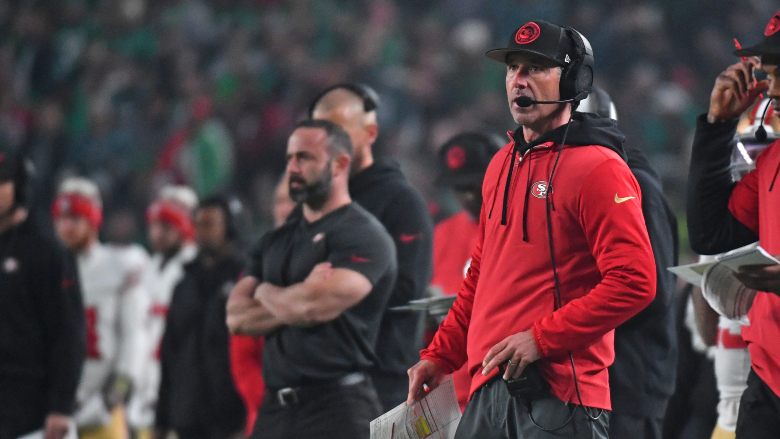 Dec 3, 2023; Philadelphia, Pennsylvania, USA; San Francisco 49ers head coach Kyle Shanahan against the Philadelphia Eagles at Lincoln Financial Field.