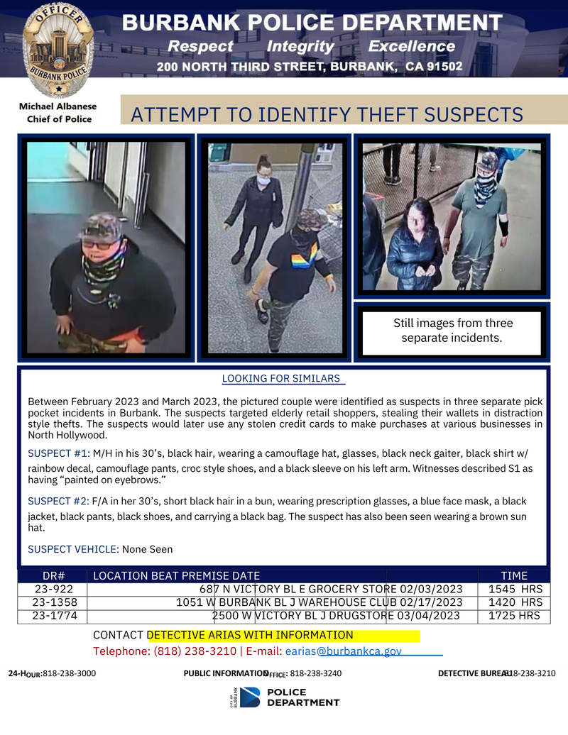 Burbank police Tuesday sought the public's help to identify pickpocket suspects believed to have stolen wallets and purses from people while they were shopping at retailers in recent months.