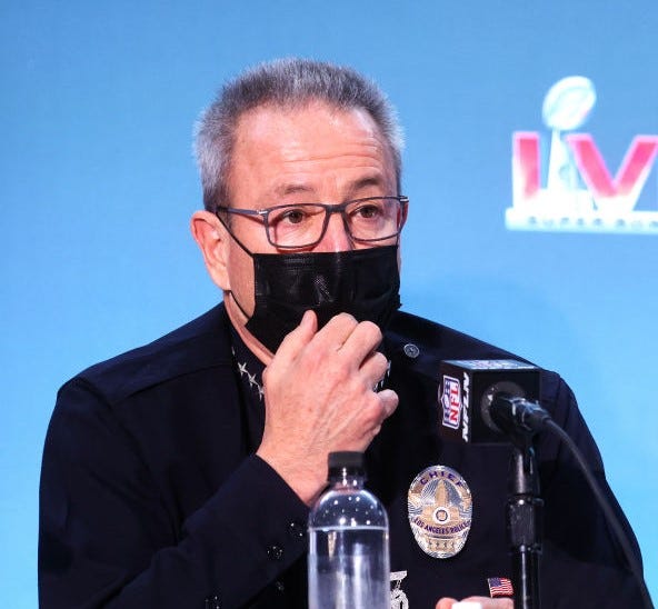 Los Angeles Police Department Chief of Police Michael Moore speaks at a press conference with members of the law enforcement community about public safety preparations for Super Bowl LXI activities on February 8, 2021 in Los Angeles, California.