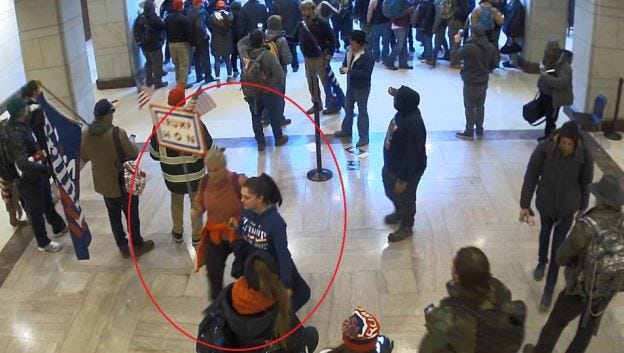 Jean Lavin (circled, at left) with daughter Carla Krzywicki in the U.S. Capitol, 1/6/21