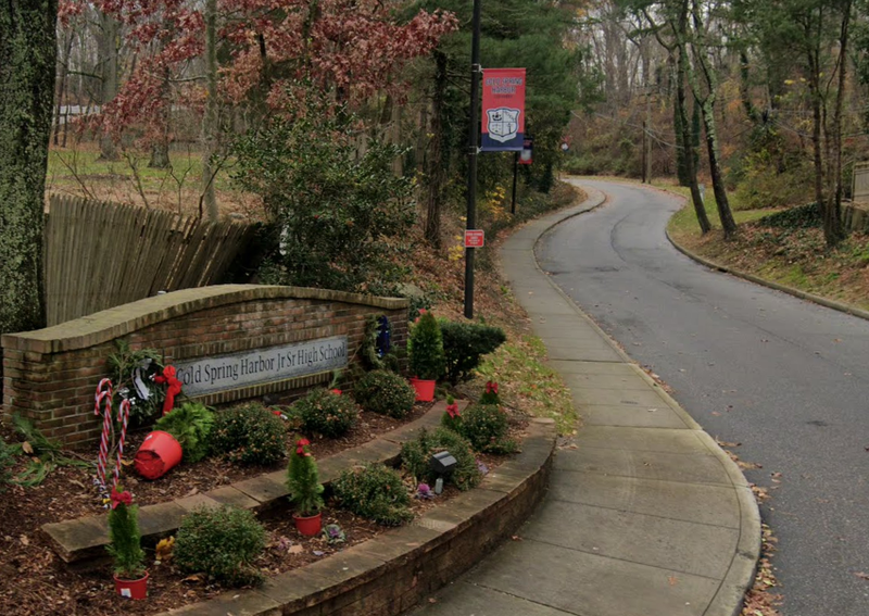 The entrance to Cold Spring Harbor Junior/Senior High School, where the custodian was assigned