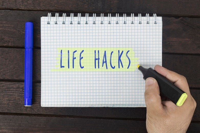 "Life Hacks" written in notebook 