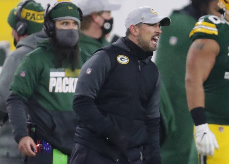 Green Bay Packers head coach Matt LaFleur argues a pass interference call during the 4th quarter of the Green Bay Packers 31-26 loss to the Tampa Bay Buccaneers in the NFC championship playoff game Sunday, Jan. 24, 2021, at Lambeau Field in Green Bay, Wis. Packers Packers25 Mjd 08531