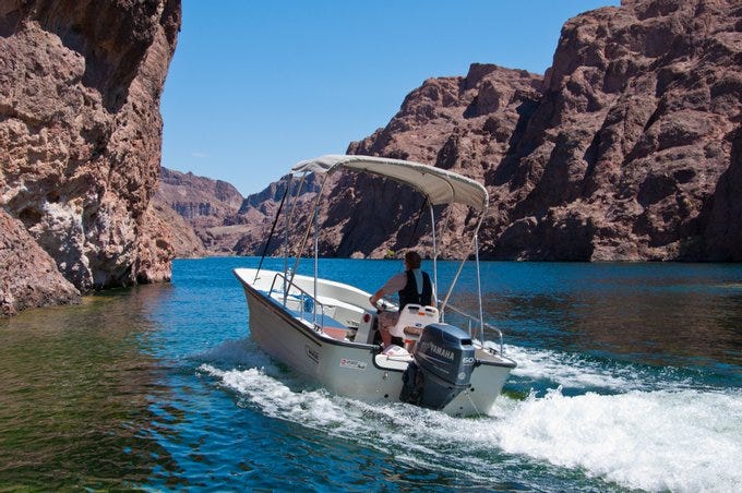 A boater cruises around the Lake Mead National Recreation Area