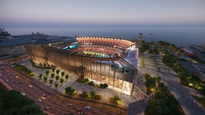A conceptual rendering of what a proposed $1 billion renovation of the current Huntington bank Field might look like. The Browns commissioned the design four years ago before deciding to pursue a new $2.4 billion dome in Brook Park. 