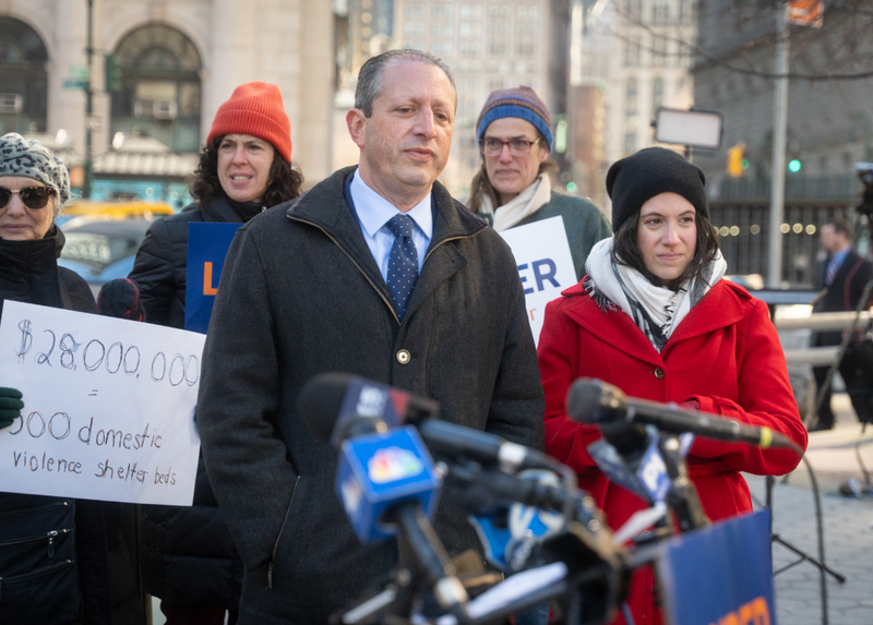 City Comptroller Brad Lander (L) and Eric Valdimer (R) speak out against former Gov. Andrew Cuomo's use of taxpayer money for legal fees on Monday, March 3, 2025.