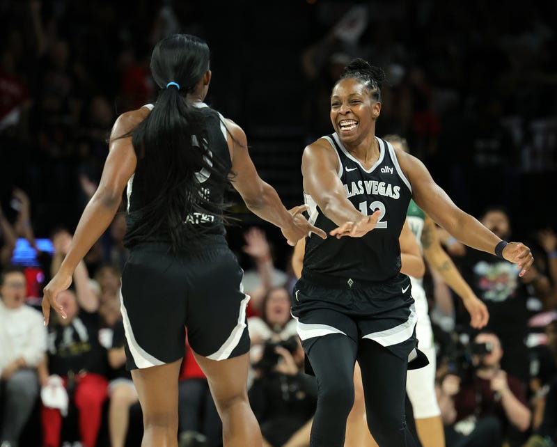 Chelsea Gray celebrates a 3-point shot during the Aces' win over the Seattle Storm