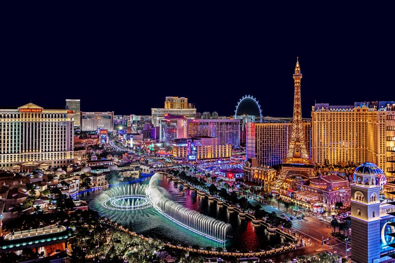 Aerial view of the Las Vegas Strip at night.